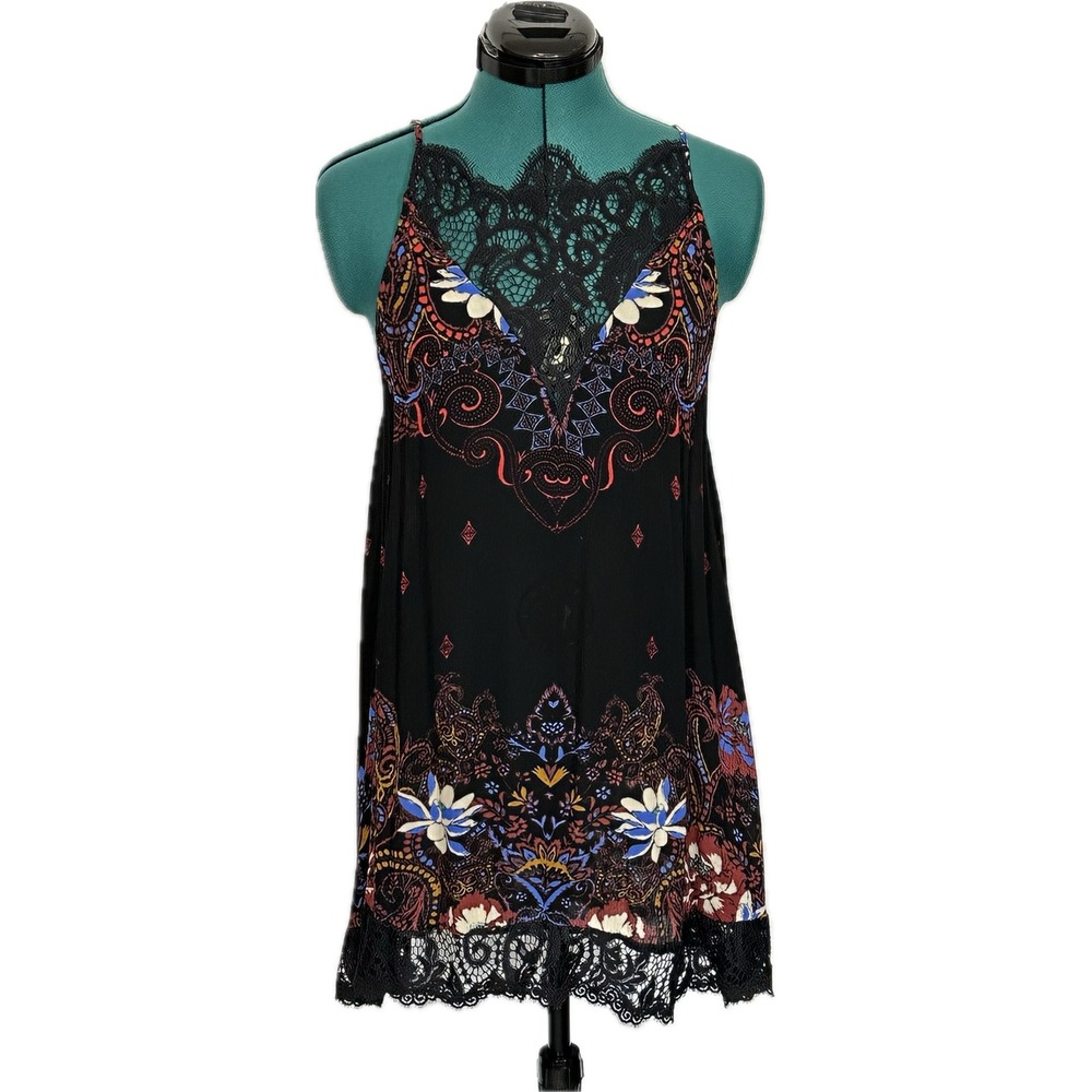 Free People Slip Dress Lace Trim Floral Paisley XS Black Boho Mini OB442525